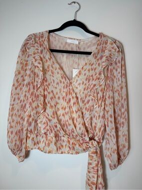 NWT Lush Orange Abstract Animal Print Ruffle Wrap Blouse V-Neck Chiffon Size Med